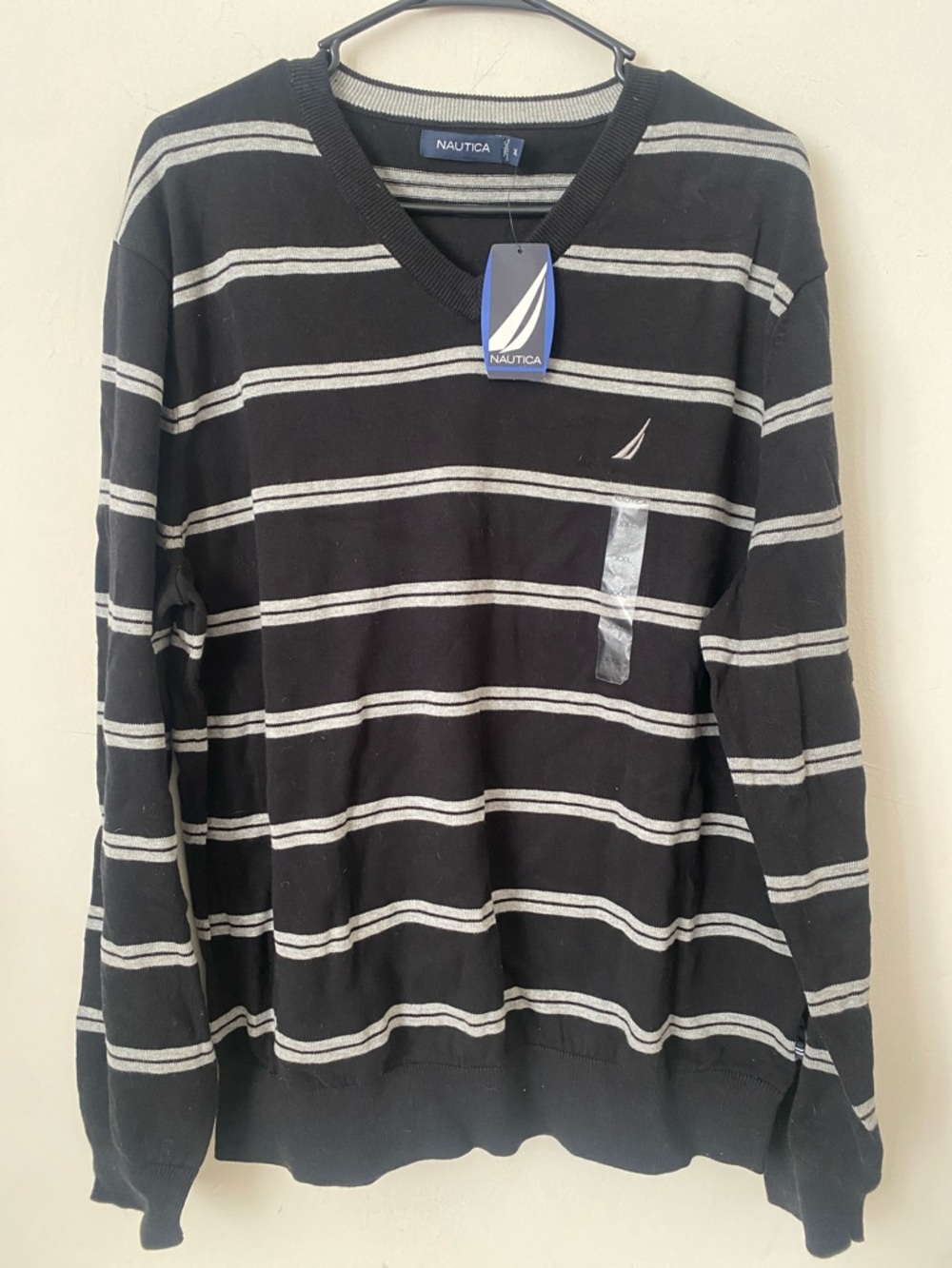 Nautica Black V-Neck Sweater with White Stripes NWT